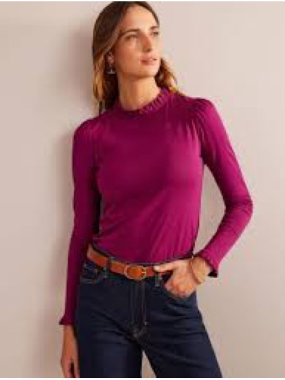Boden Magenta Ruffle Neck Long Sleeve Top Size 14